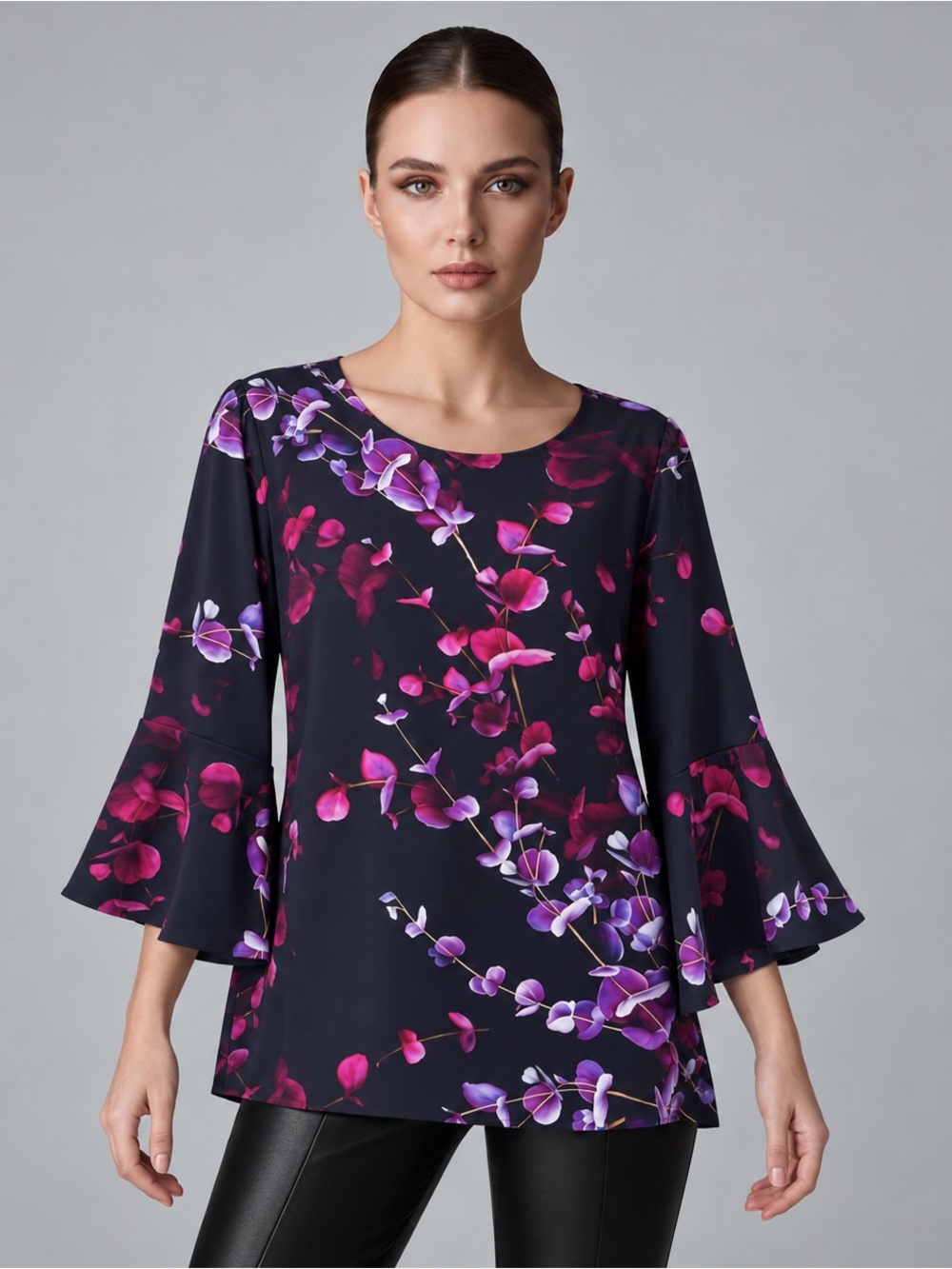 Caroline Rose Bella Navy Orchid Floral Bell Sleeve Tunic Top 1X USA